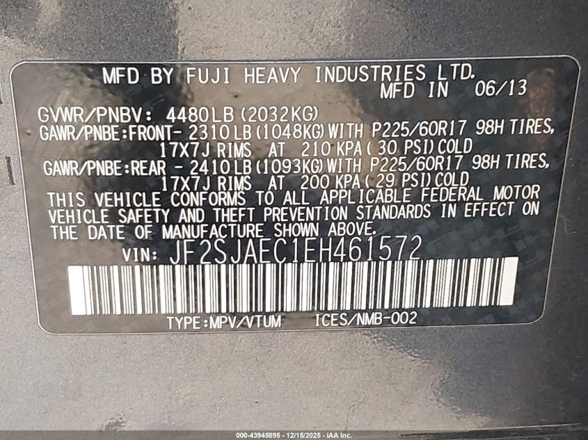 2014 Subaru Forester 2.5I Premium VIN: JF2SJAEC1EH461572 Lot: 43945895