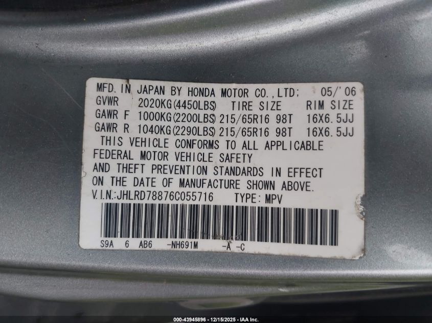 2006 Honda Cr-V Ex VIN: JHLRD78876C055716 Lot: 43945896