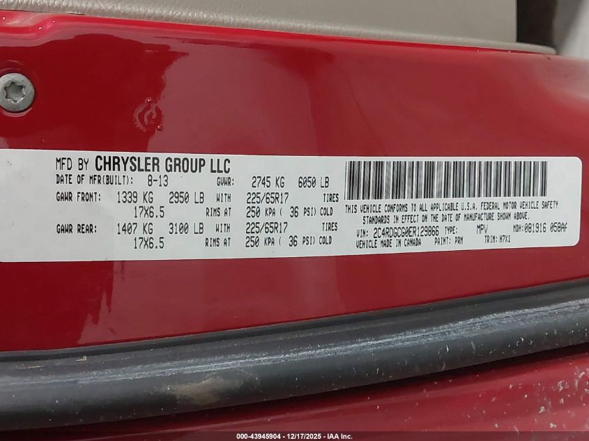 2014 Dodge Grand Caravan Sxt VIN: 2C4RDGCG0ER129866 Lot: 43945904