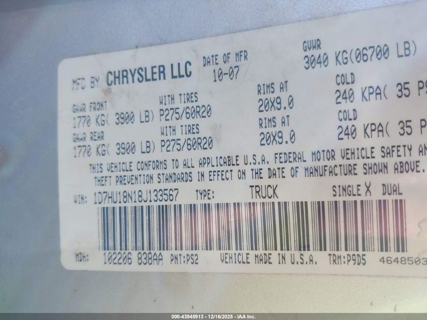 2008 Dodge Ram 1500 Slt VIN: 1D7HU18N18J133567 Lot: 43945913