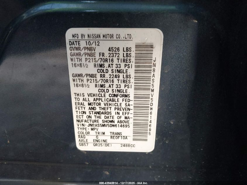 2013 Nissan Rogue S VIN: JN8AS5MV5DW614695 Lot: 43945914