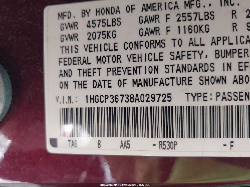2008 Honda Accord 3.5 Ex VIN: 1HGCP36738A029725 Lot: 43945915