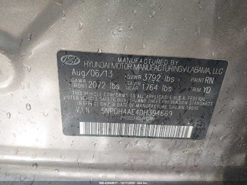 2013 Hyundai Elantra Gls VIN: 5NPDH4AE4DH394669 Lot: 43945917