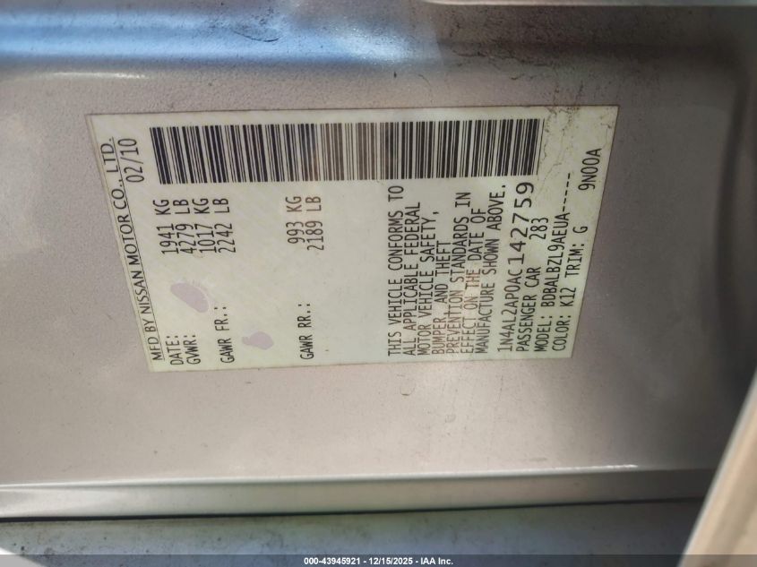 2010 Nissan Altima 2.5 S VIN: 1N4AL2AP0AC142759 Lot: 43945921