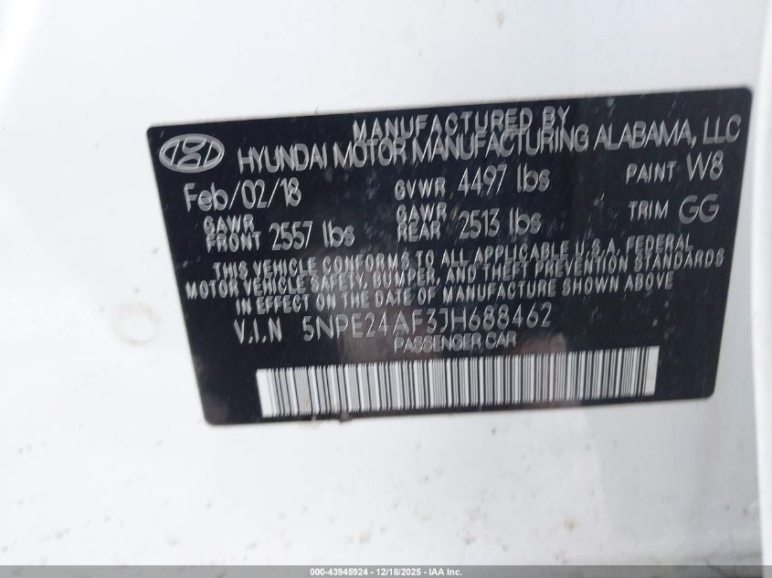 2018 Hyundai Sonata Se VIN: 5NPE24AF3JH688462 Lot: 43945924