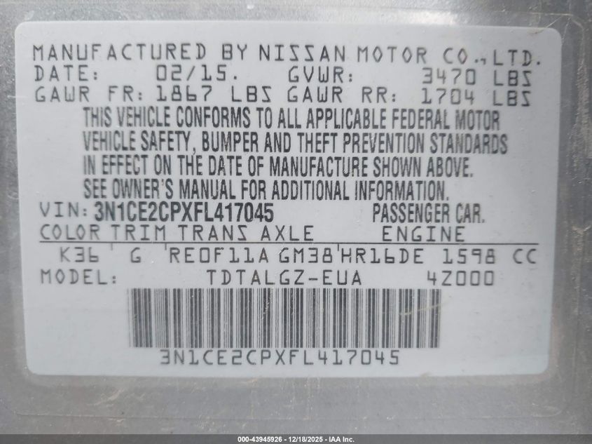 2015 Nissan Versa Note Sr VIN: 3N1CE2CPXFL417045 Lot: 43945926