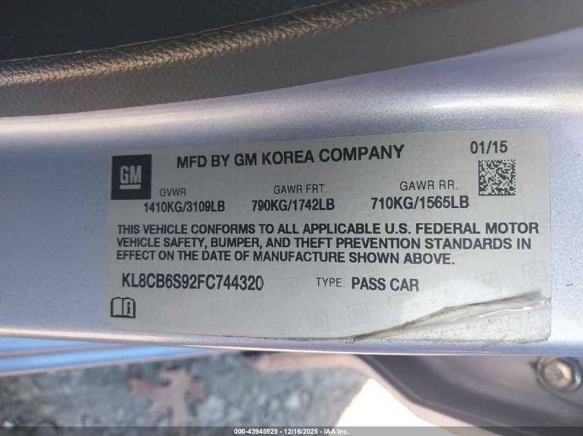 2015 Chevrolet Spark Ls Cvt VIN: KL8CB6S92FC744320 Lot: 43945929