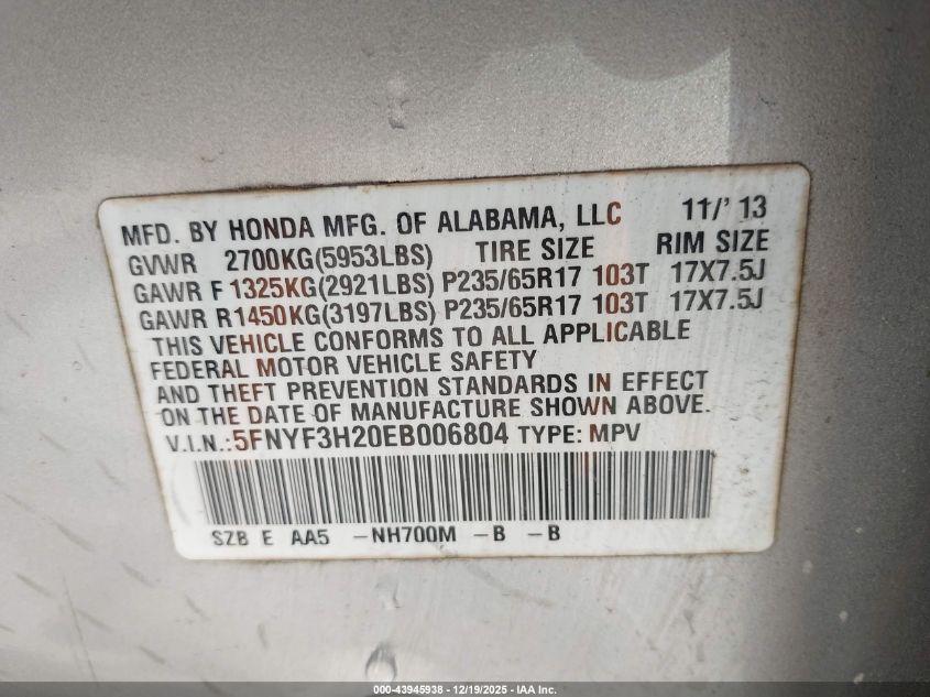 2014 Honda Pilot Lx VIN: 5FNYF3H20EB006804 Lot: 43945938