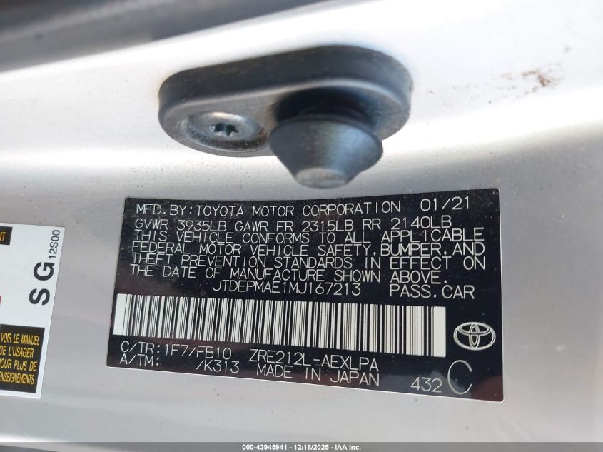 2021 Toyota Corolla Le VIN: JTDEPMAE1MJ167213 Lot: 43945941