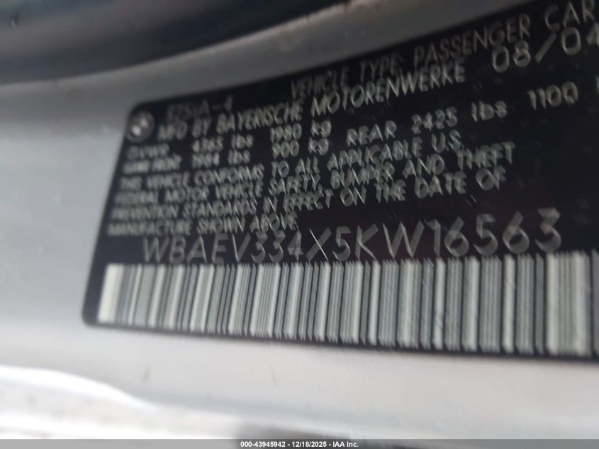 2005 BMW 325I VIN: WBAEV334X5KW16563 Lot: 43945942