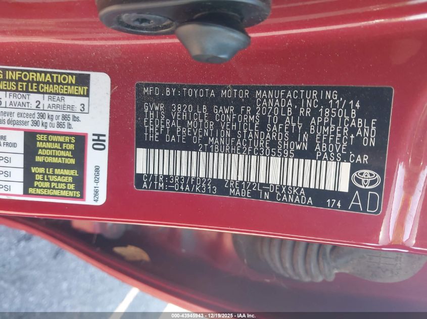 2015 Toyota Corolla S Plus VIN: 2T1BURHE2FC305595 Lot: 43945943