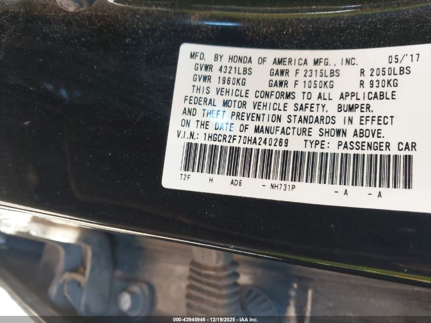 2017 Honda Accord Ex VIN: 1HGCR2F70HA240269 Lot: 43945946