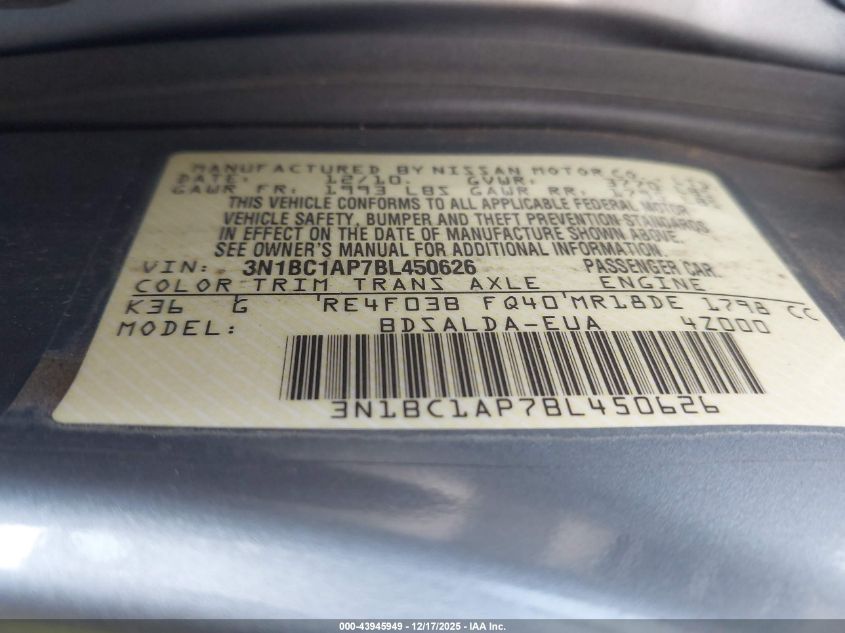 2011 Nissan Versa 1.8S VIN: 3N1BC1AP7BL450626 Lot: 43945949