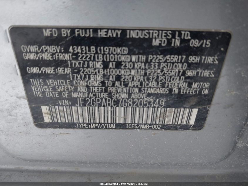 2016 Subaru Crosstrek 2.0I Premium VIN: JF2GPABC7G8205349 Lot: 43945951