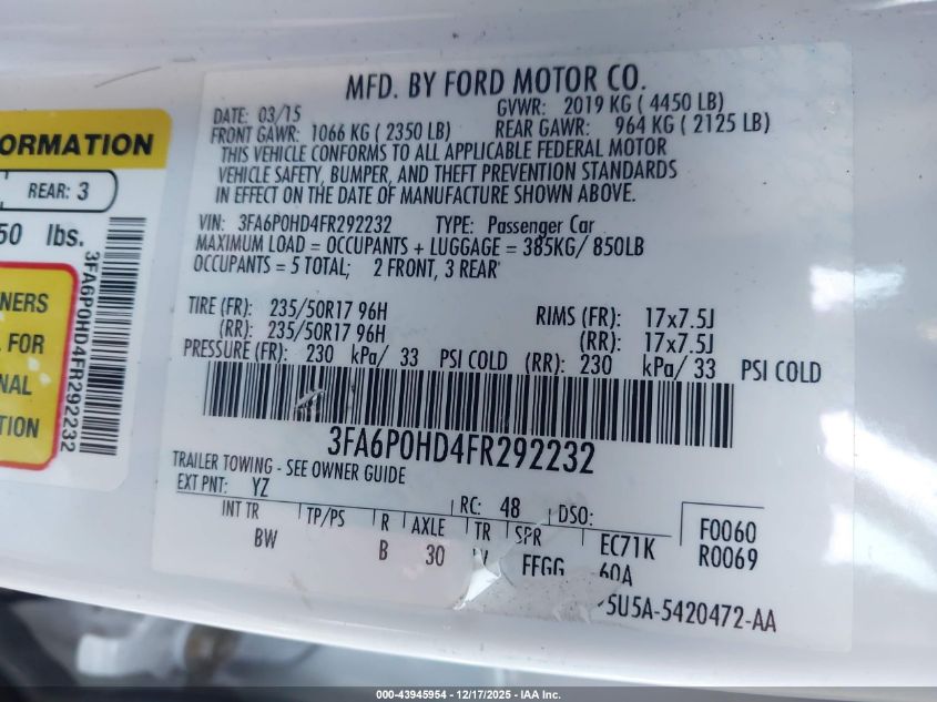 2015 Ford Fusion Se VIN: 3FA6P0HD4FR292232 Lot: 43945954
