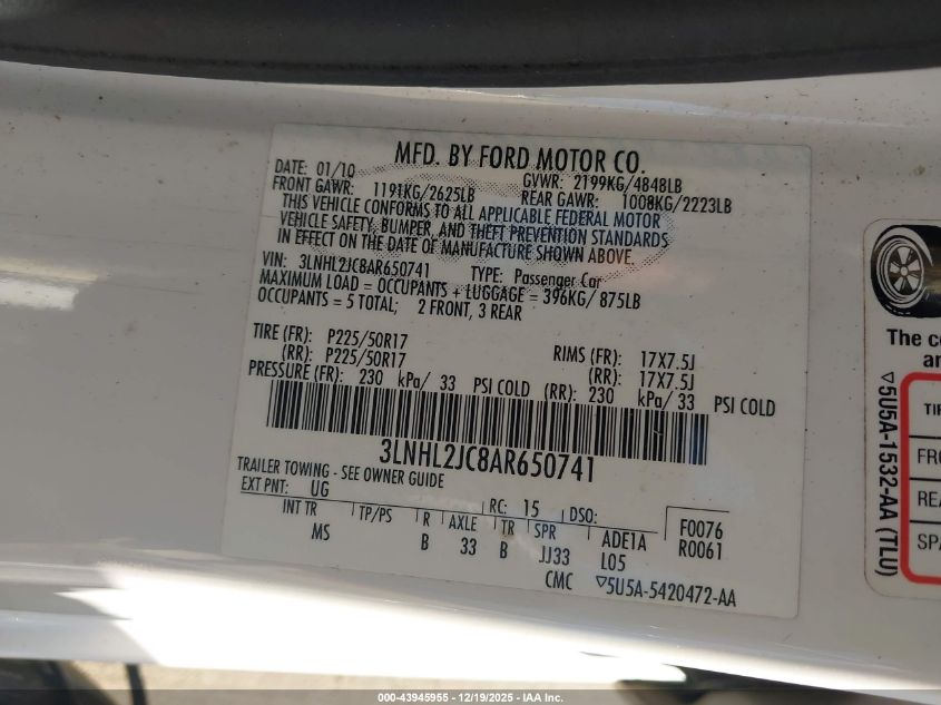 2010 Lincoln Mkz VIN: 3LNHL2JC8AR650741 Lot: 43945955