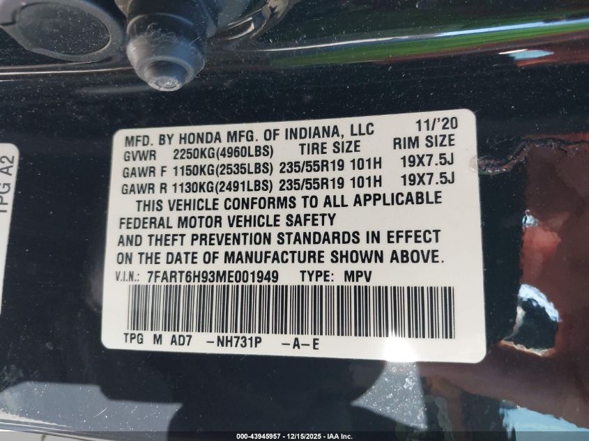 2021 Honda Cr-V VIN: VFART6H93ME001949 Lot: 43945957