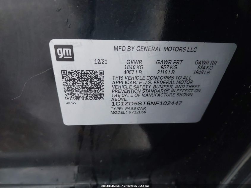 2022 Chevrolet Malibu Fwd Lt VIN: 1G1ZD5ST6NF102447 Lot: 43945958