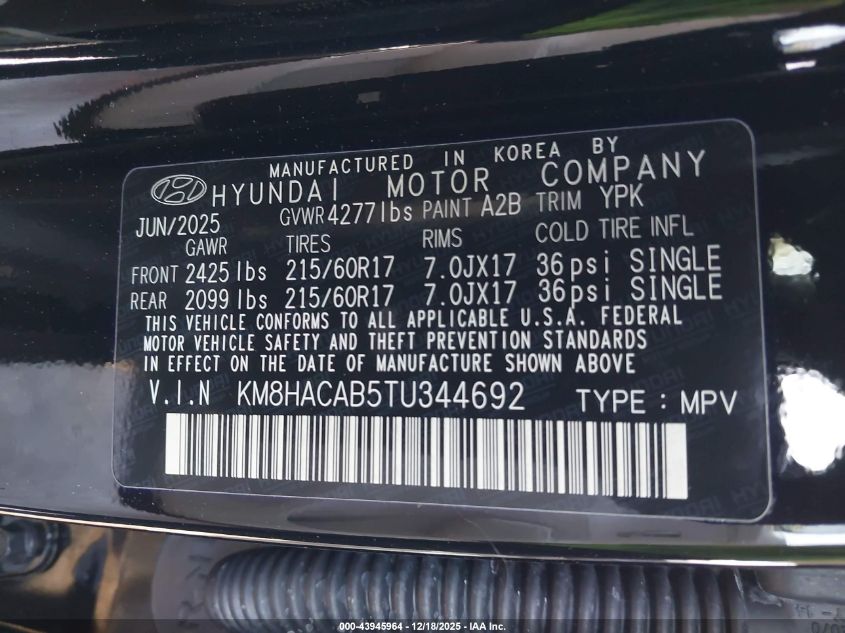 2026 Hyundai Kona Se VIN: KM8HACAB5TU344692 Lot: 43945964