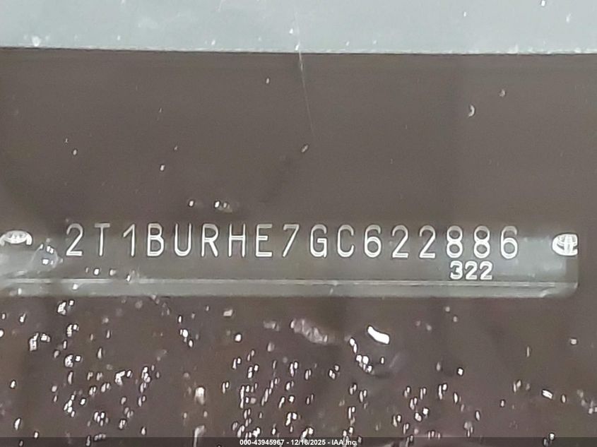 2016 Toyota Corolla Le VIN: 2T1BURHE7GC622886 Lot: 43945967