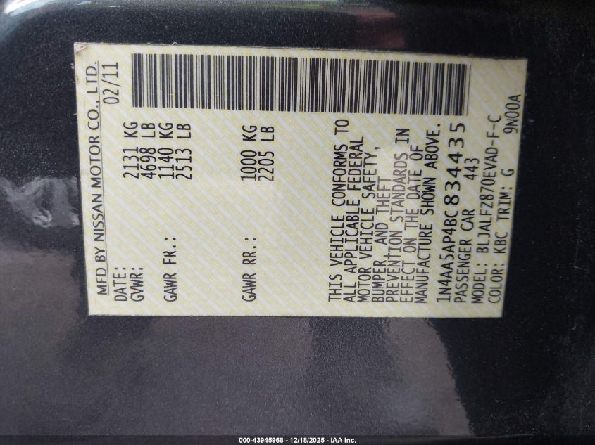 2011 Nissan Maxima 3.5 Sv VIN: 1N4AA5AP4BC834435 Lot: 43945968