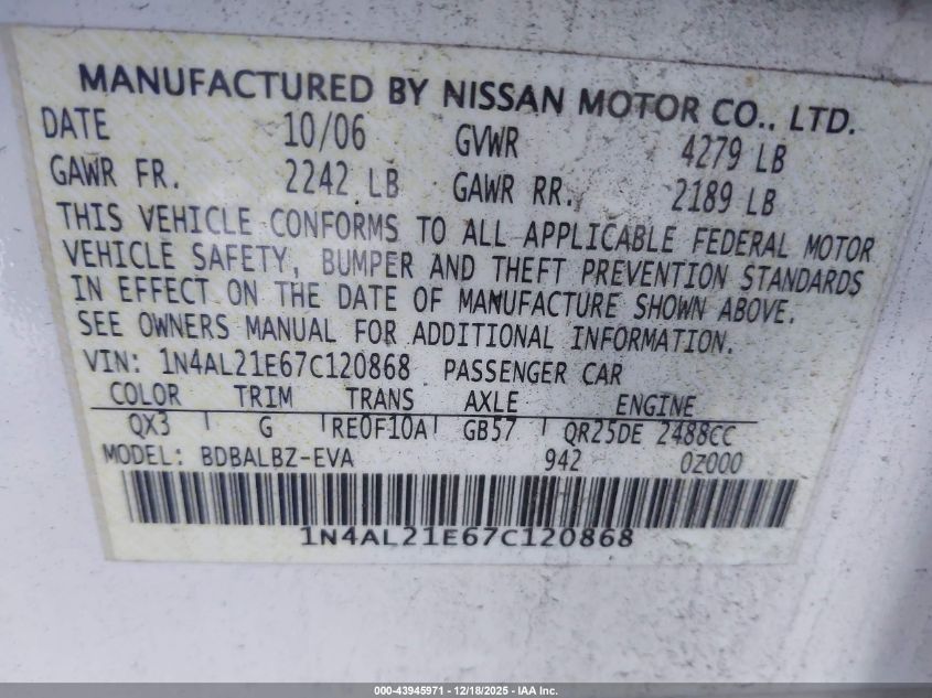 2007 Nissan Altima 2.5 S VIN: 1N4AL21E67C120868 Lot: 43945971