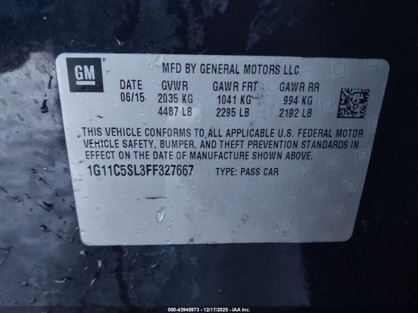 2015 Chevrolet Malibu 1Lt VIN: 1G11C5SL3FF327667 Lot: 43945973