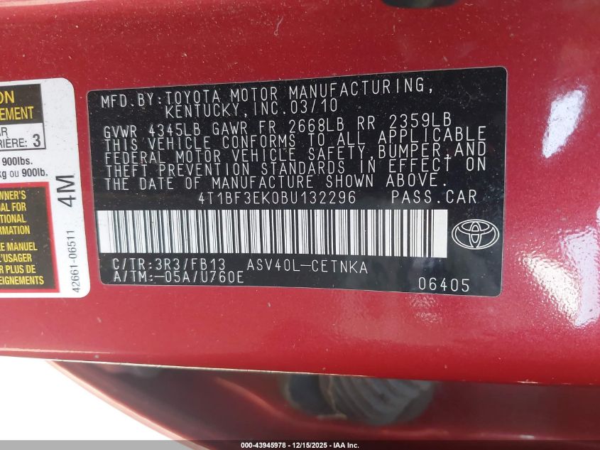 2011 Toyota Camry Le VIN: 4T1BF3EK0BU132296 Lot: 43945978