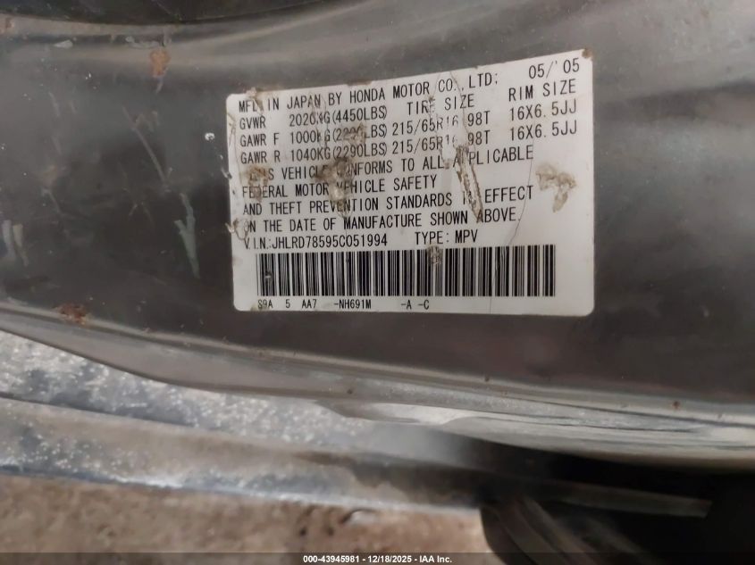 2005 Honda Cr-V Lx VIN: JHLRD78595C051994 Lot: 43945981