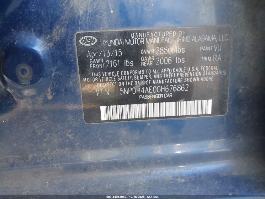 2016 Hyundai Elantra Se VIN: 5NPDH4AE0GH676862 Lot: 43945982