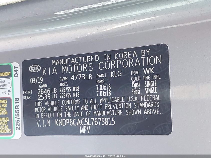 2020 Kia Sportage S VIN: KNDP6CAC5L7675815 Lot: 43945986