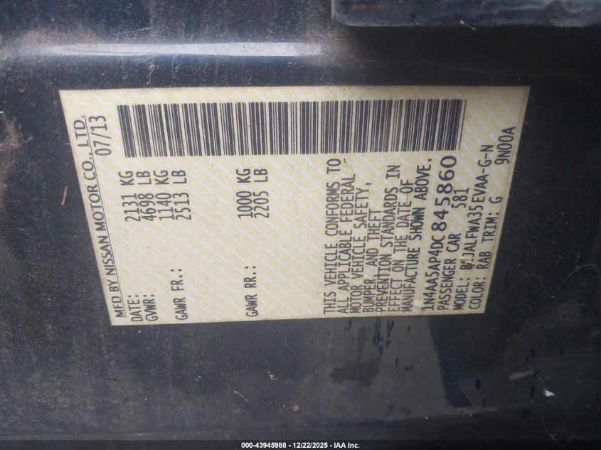 2013 Nissan Maxima 3.5 Sv VIN: 1N4AA5AP4DC845860 Lot: 43945988