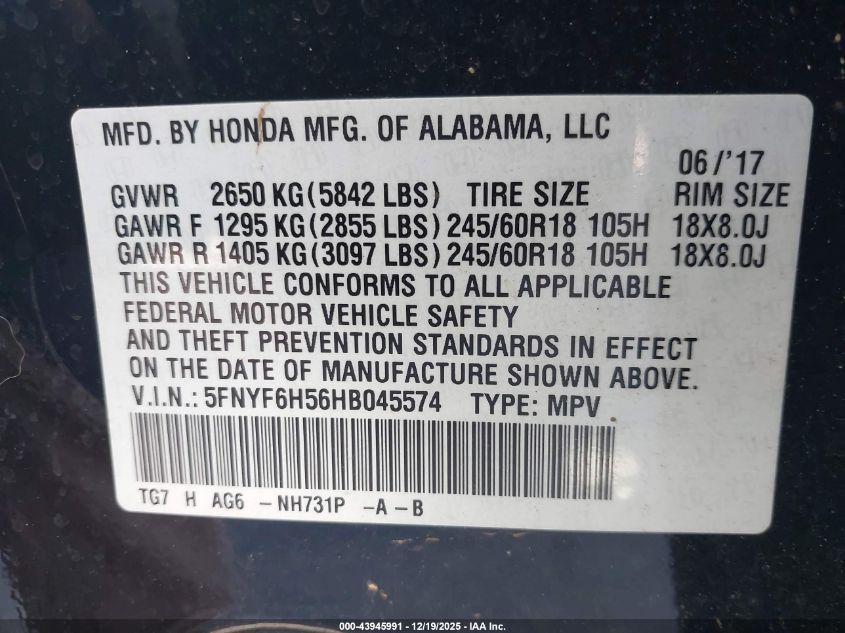 2017 Honda Pilot Ex-L VIN: 5FNYF6H56HB045574 Lot: 43945991