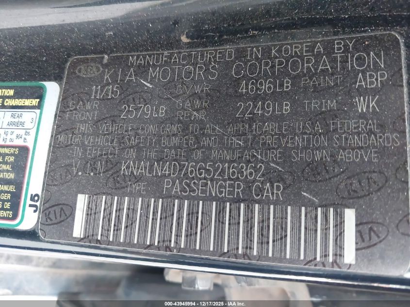 2016 Kia Cadenza VIN: KNALN4D76G5216362 Lot: 43945994