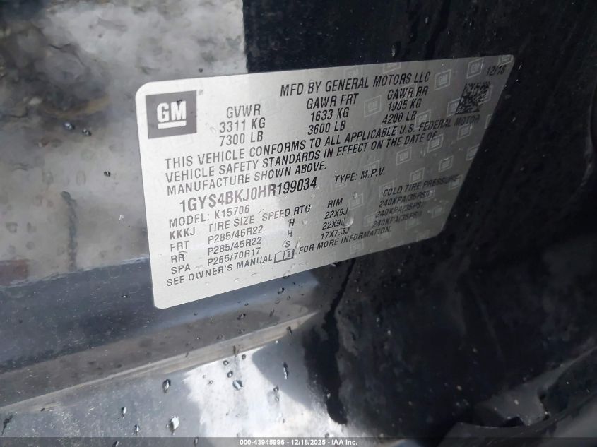 2017 Cadillac Escalade Luxury VIN: 1GYS4BKJ0HR199034 Lot: 43945996
