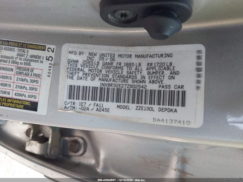 2007 Toyota Corolla Ce VIN: 1NXBR32E27Z802542 Lot: 43945997