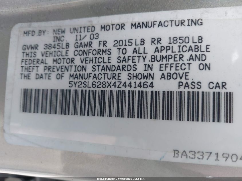 2004 Pontiac Vibe VIN: 5Y2SL628X4Z441464 Lot: 43946005