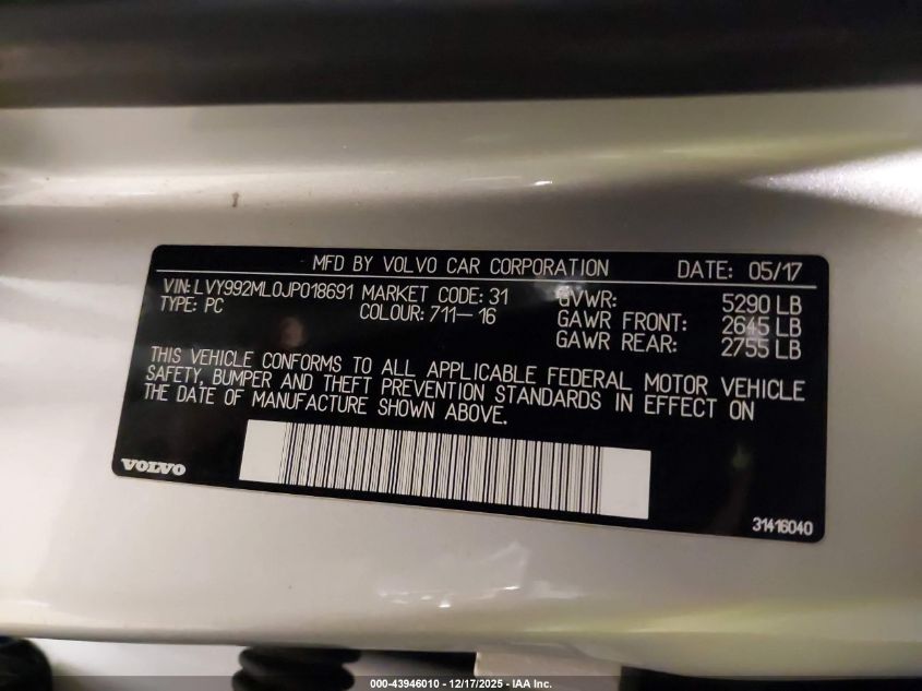 2018 Volvo S90 T6 Inscription VIN: LVY992ML0JP018691 Lot: 43946010