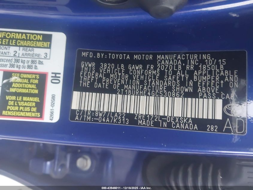 2016 Toyota Corolla S Premium VIN: 2T1BURHE4GC530862 Lot: 43946011