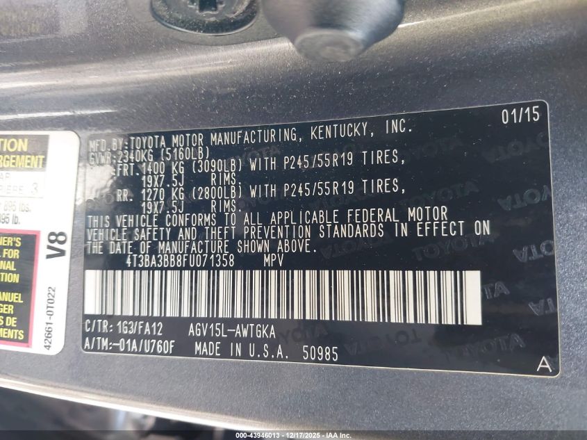 2015 Toyota Venza Le VIN: 4T3BA3BB8FU071358 Lot: 43946013