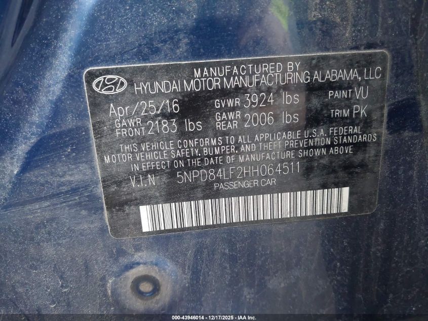 2017 Hyundai Elantra Se VIN: 5NPD84LF2HH064511 Lot: 43946014
