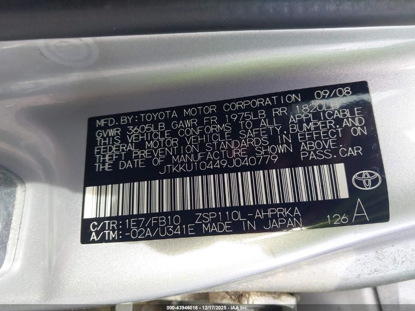 2009 Scion Xd VIN: JTKKU10449J040779 Lot: 43946016