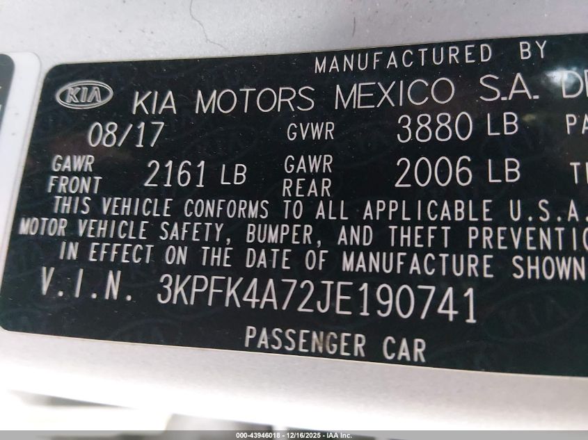 2018 Kia Forte Lx VIN: 3KPFK4A72JE190741 Lot: 43946018