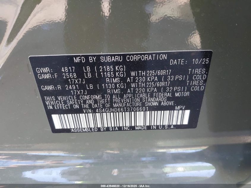 2026 Subaru Crosstrek VIN: 4S4GUHD66T3706601 Lot: 43946020