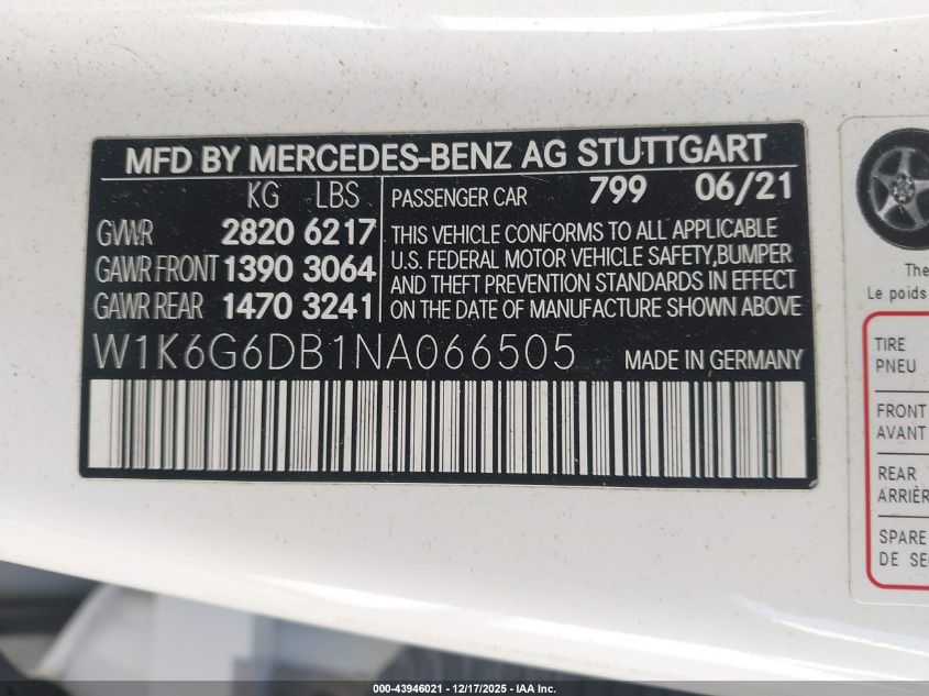 2022 Mercedes-Benz S 500 4Matic VIN: W1K6G6DB1NA066505 Lot: 43946021