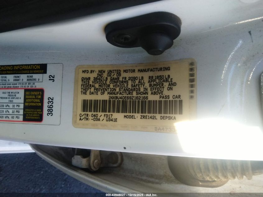 2009 Toyota Corolla S VIN: 1NXBU40E69Z162166 Lot: 43946027