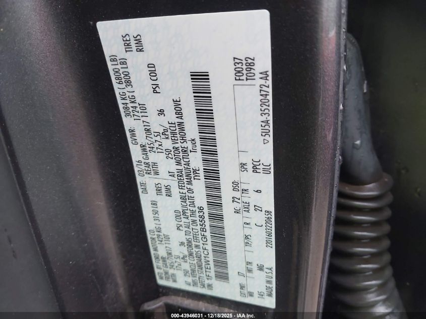 2016 Ford F-150 Xlt VIN: 1FTEW1CF1GFB55836 Lot: 43946031