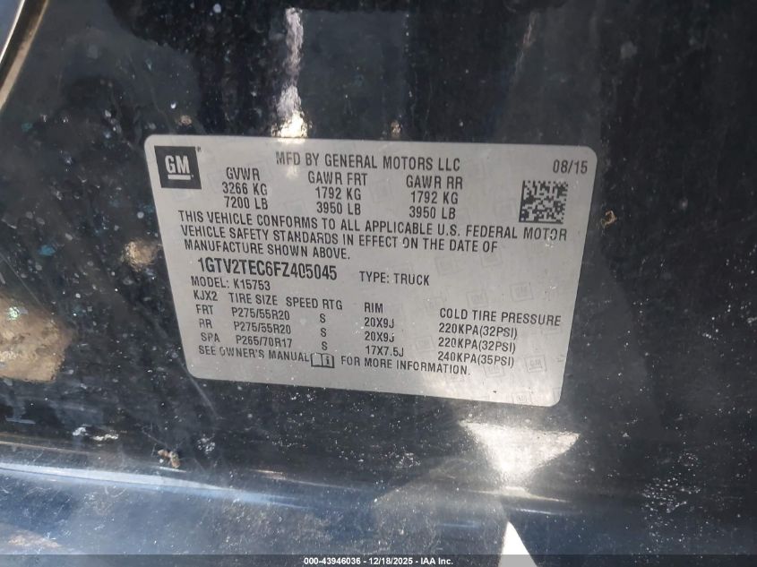 2015 GMC Sierra 1500 VIN: 1GTV2TEC6FZ405045 Lot: 43946036
