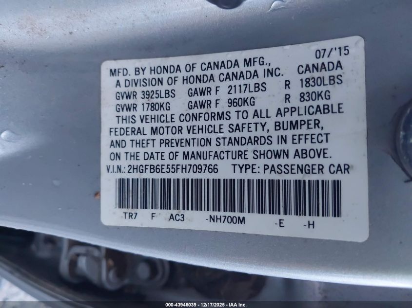 2015 Honda Civic Si VIN: 2HGFB6E55FH709766 Lot: 43946039