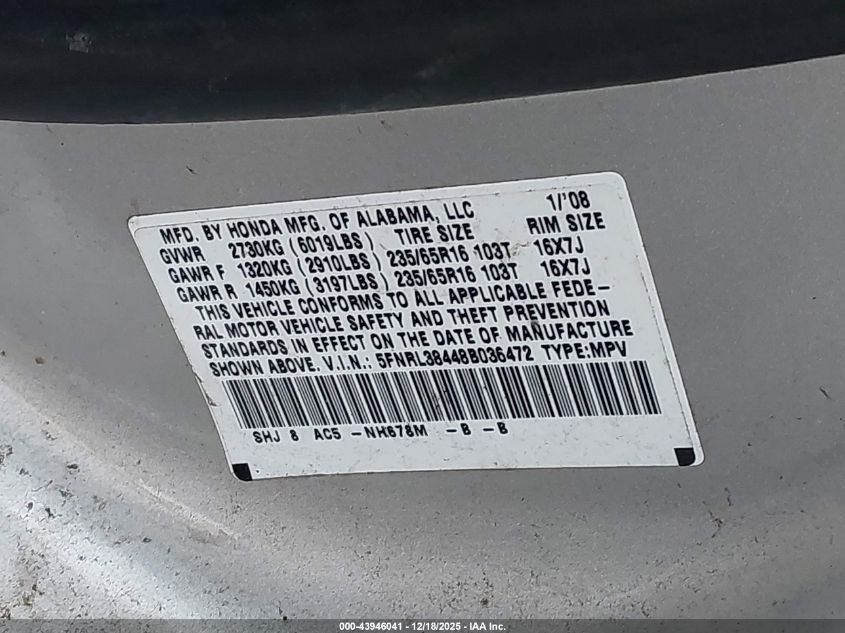 2008 Honda Odyssey Ex VIN: 5FNRL38448B036472 Lot: 43946041